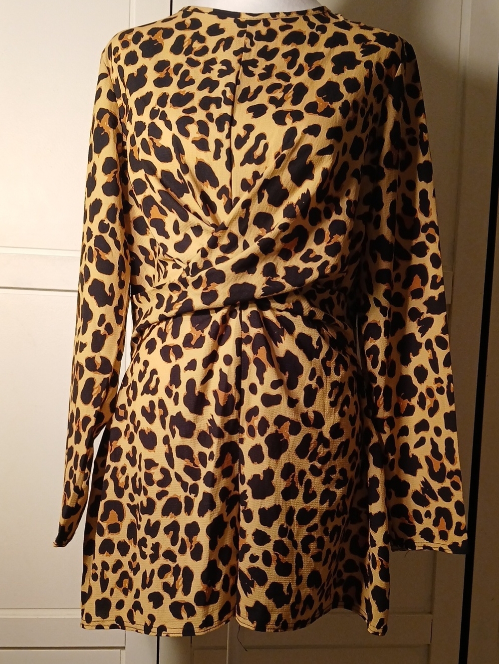 Leopard Print Long Sleeve Twist-Front Mini Romper- Black & Tan
